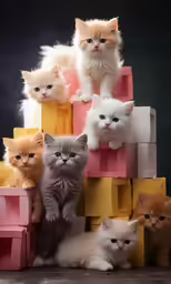 several cats on different kinds of boxes
