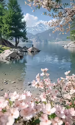 a lake with water, rocks and pink flowers in bloom