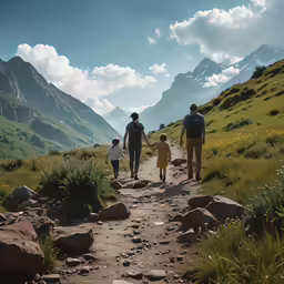 a family walking on a path in the mountains