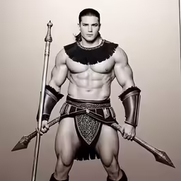 a man in gladia is holding a sword and spear
