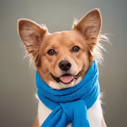 the dog has a blue scarf around his neck