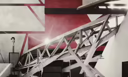 a staircase with multiple lines and colors painted on the walls