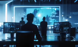 a man at a computer on a desk