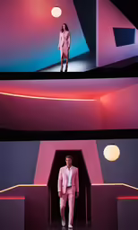a man in a pink suit and shoes on a runway