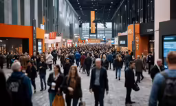 a crowd of people in a building with a lot of banners