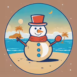 snowman in top hat and scarf on the beach,a snowman with a red hat and red scarf