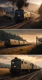 the three pictures are showing the train going down the track,two pictures of a train passing down a track