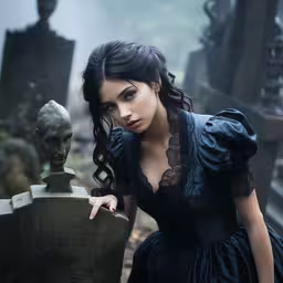 an attractive young lady in a blue dress leaning on a gravestone,woman wearing black dress leaning against a grave with a creepy head behind