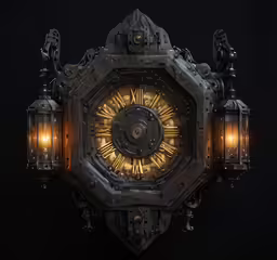 a black background shows a clock that is made out of old metal, with a large golden dial and several lightbulbs on the face