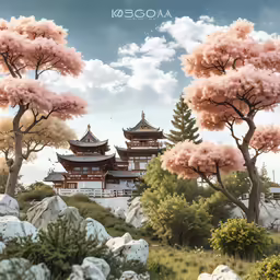 a painting shows the oriental structure surrounded by blooming trees