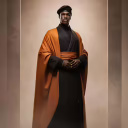 an african man in a costume with brown and black trims