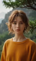 a woman in a yellow sweater is posing by some trees