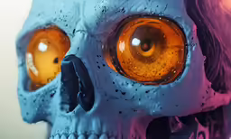 a creepy looking skeleton with yellow eyes