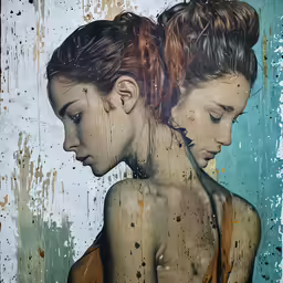 two women looking at each other while standing in front of a dirty wall