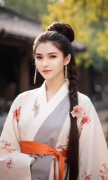 an oriental lady in a white and grey costume