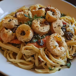 plated meal of pasta, shrimp and mushrooms with herbs