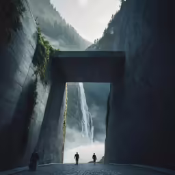 people walking in an opening that leads to a waterfall