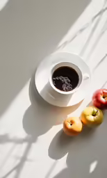 a cup of coffee, apple and some shadows