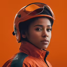a girl with an orange helmet and goggles