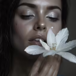 woman with a flower in her hand by her face