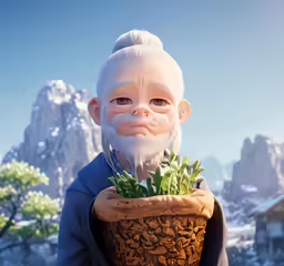 a character holding a potted plant with a face