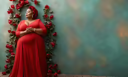 a pregnant woman is leaning against a blue wall