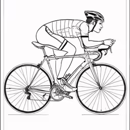 a black and white drawing of a man on a bike