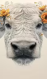 a painting of a white cow with flowers on its head