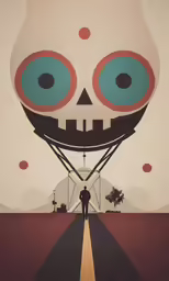 a poster with a man looking at a skeleton with eyes and a mustache on it
