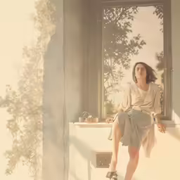 a girl sitting in front of a window with her legs crossed