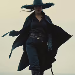 the image is of a woman in black hat and coat