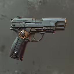 a gun sitting on a counter in a black background