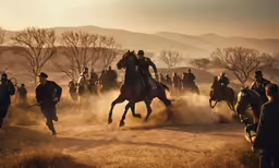 a group of people on horses in the desert
