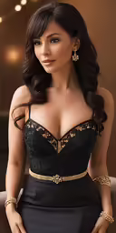 an attractive young woman in a black dress poses for the camera