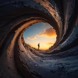 the person is walking in the large tunnel