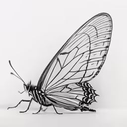 black and white photograph of a butterfly on white background