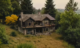 an old building in the middle of a forest with a tree and field in the background