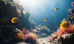 fish swimming through an aquarium, next to an coral