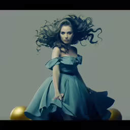 a lady is wearing a dress with long hair and has her hands in the air