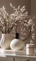 some vases with white flowers and some candles