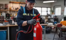 man repairing red propane cylinder in workshop