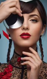 a beautiful woman wearing red lipstick and black accessories