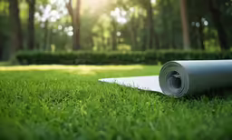 rolled up yoga mat with rolled top in the middle of a grassy area