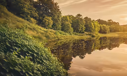 the sun sets over some water near the grassy banks