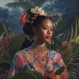a painting of a woman with flowers in her hair,a painting of a black woman in a floral dress