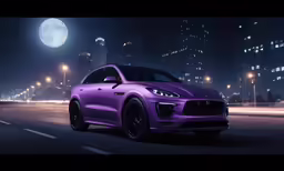 a purple porsche cayenne parked at night