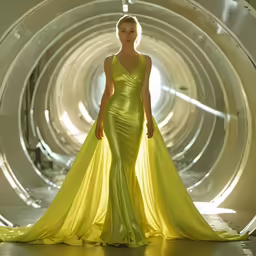 a woman is in an extravagant yellow dress