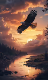 a bird flying in the sky at dusk over the water