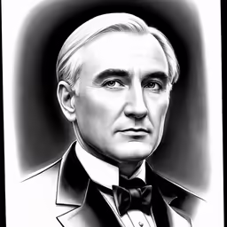 black and white drawing of a man in a suit with a bow tie