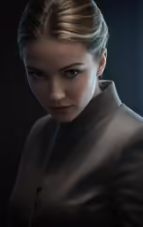 the woman in the black jacket is posing